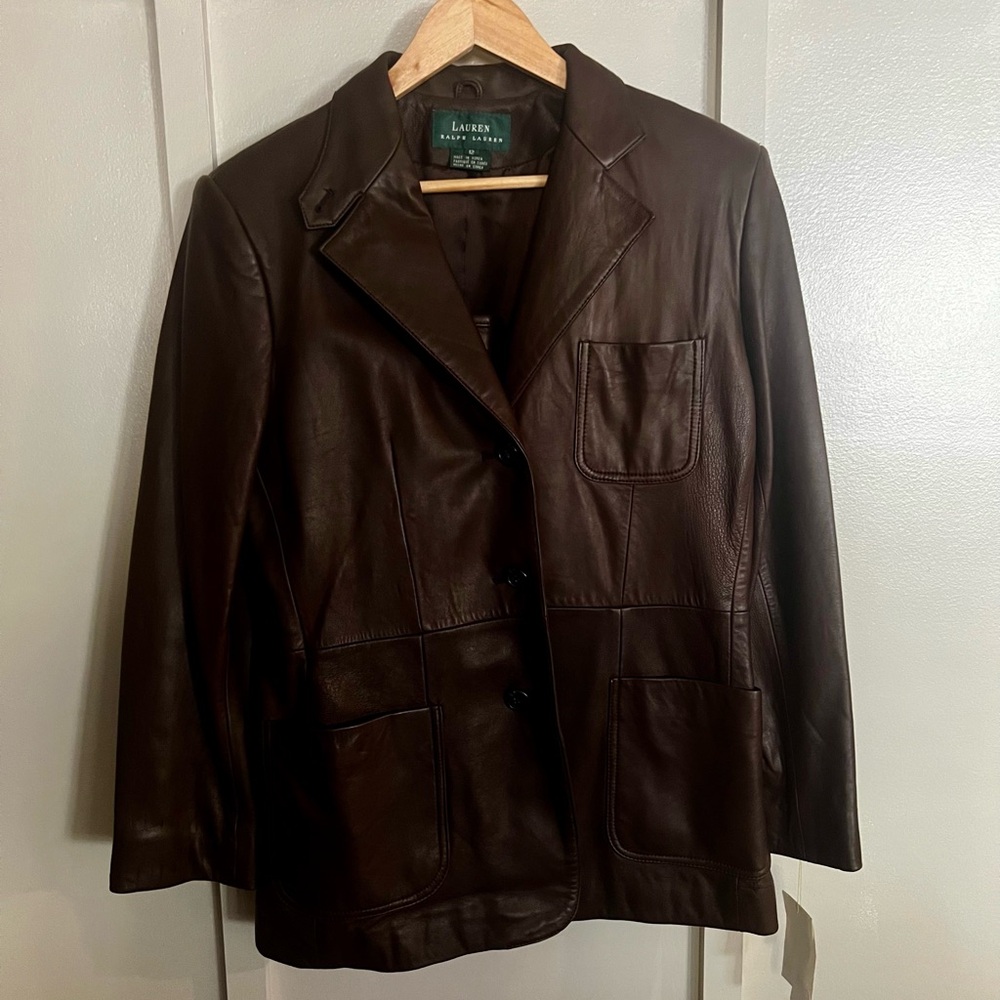 Lauren Ralph Lauren Women's Brown Leather Blazer & Skirt Set - Picture 2 of 11